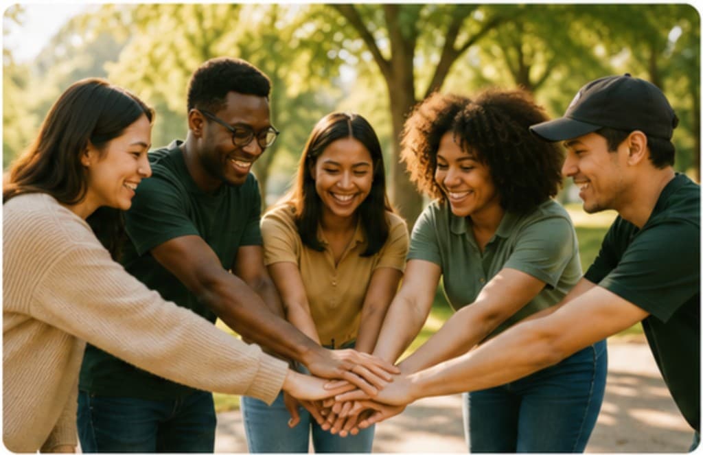 A diverse group of young adults joining hands in a team huddle outdoors