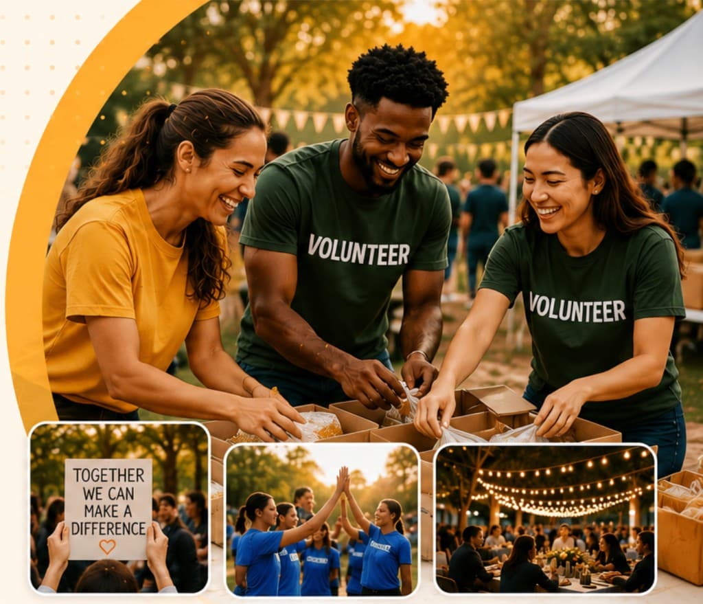 Volunteers at community events — packing supplies, celebrating together, and gathering outdoors