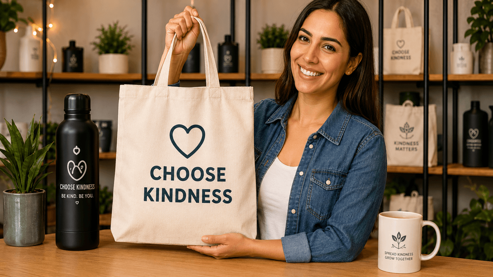 Community member holding a Choose Kindness tote bag