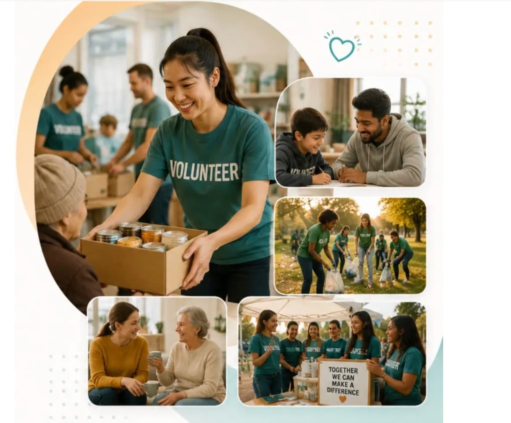 Volunteers supporting communities — food donation, mentorship, park cleanup, and community events