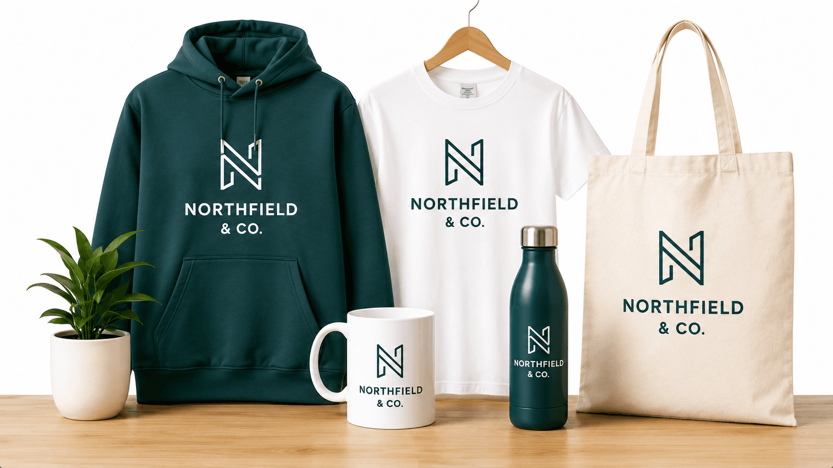 Branded business merchandise collection for Northfield & Co: hoodie, t-shirt, mug, bottle, and tote bag
