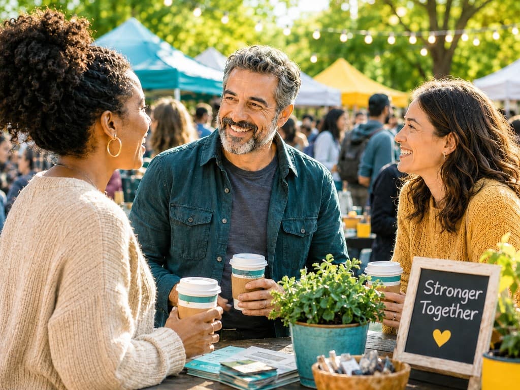 Community members connecting over coffee at a local market