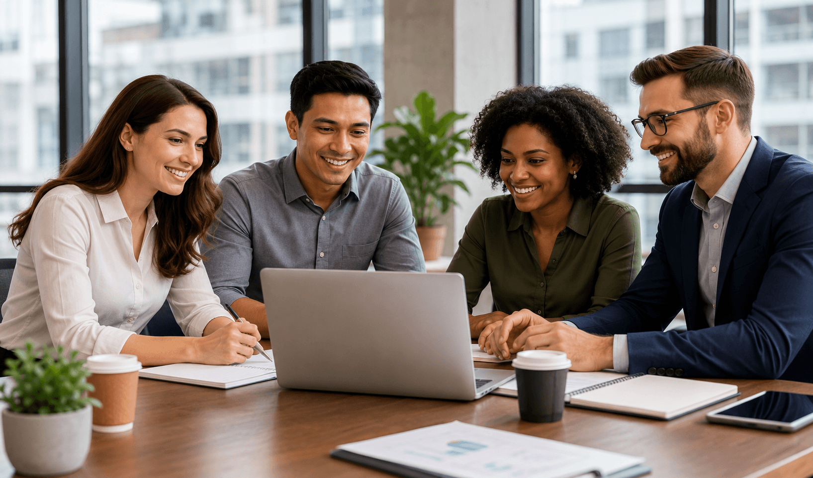 Business team collaborating around a laptop