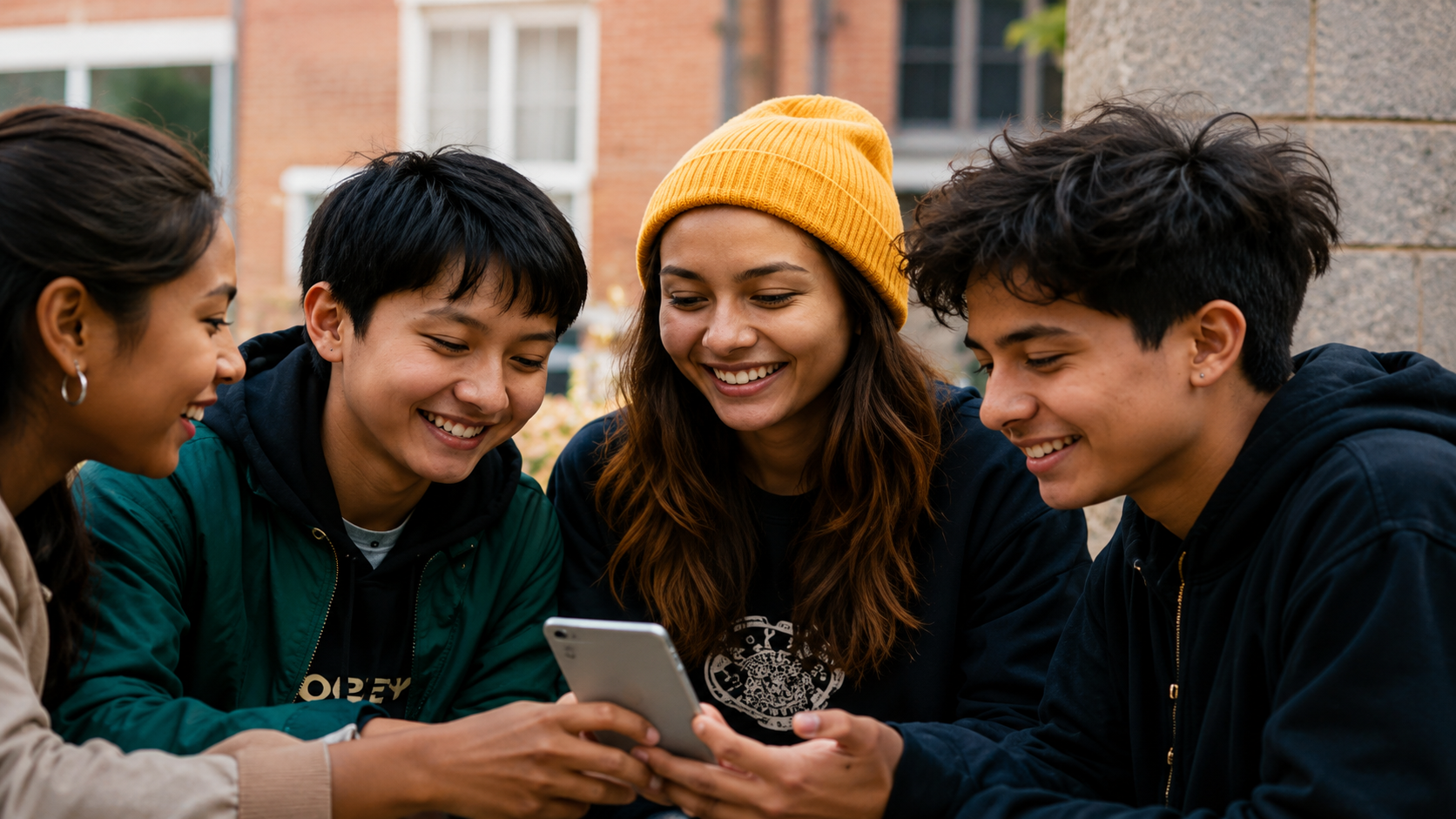 Students looking at a phone together